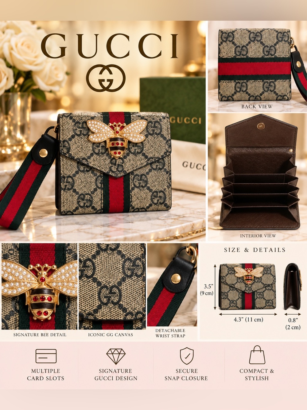 Beige Monogram Bee Accent Wristlet with Red & Black Stripe
